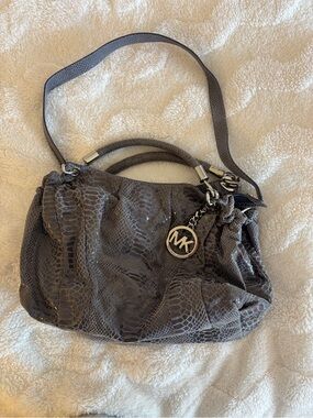 Michael Kors Charcoal Snake-Embossed Shoulder Bag with MK Charm